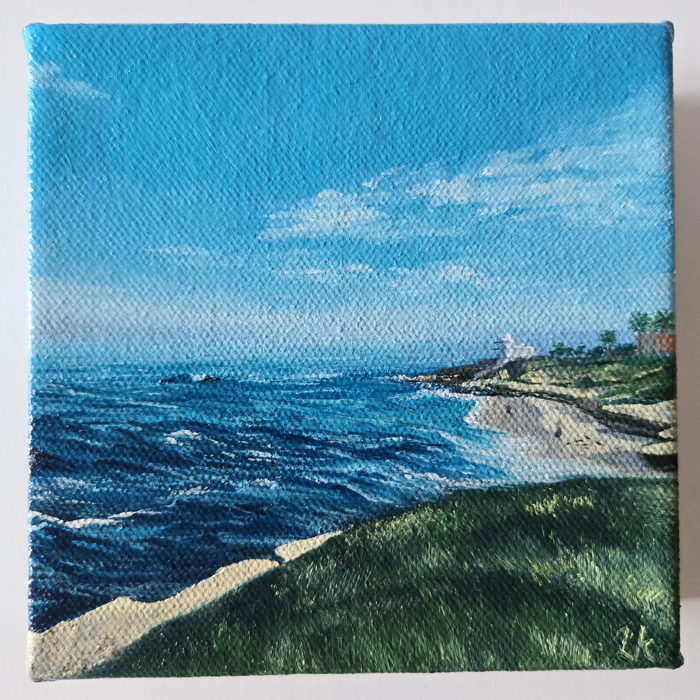 La Jolla coastline, grassy cliffs overlooking the wild surf — original oil painting