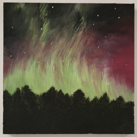 Magenta clouds and green lights dancing over trees at night in Norway - original oil painting