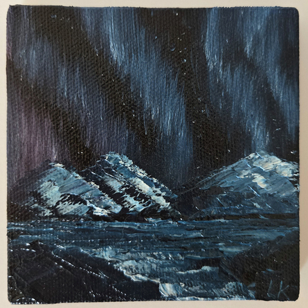 Snow-covered mountains and blue northern lights above, with icy blue body of water - original oil painting