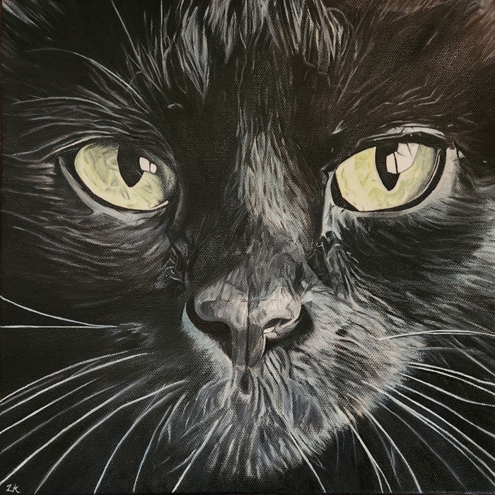 Close-up oil painting of a black cat, commissioned pet portrait