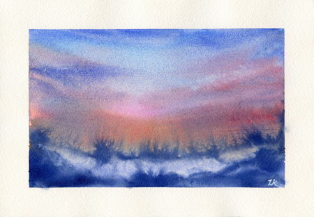 atmospheric blue landscape with bits of orange, otherworldly, watercolor painting