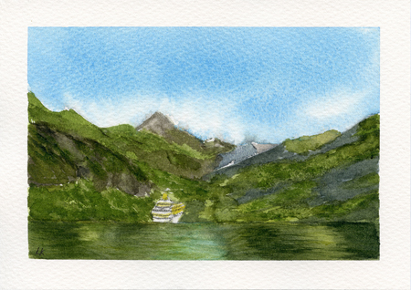 original watercolor painting of Geiranger, Norway - a fjord landscape with green mountains and blue skies.