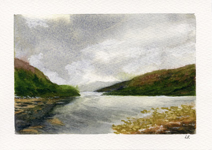 original watercolor painting of Loch Duich, Scotland - Misty mountains, calm water, and soft reflections.