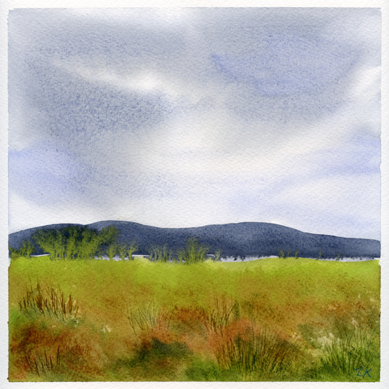 burnt sienna and greenery, grey atmospheric sky, Moorlands in Scotland, watercolor painting