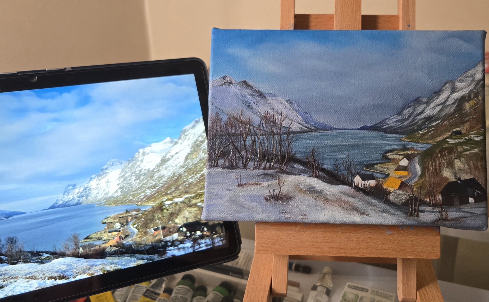 Ersfjordbotn painting on easel