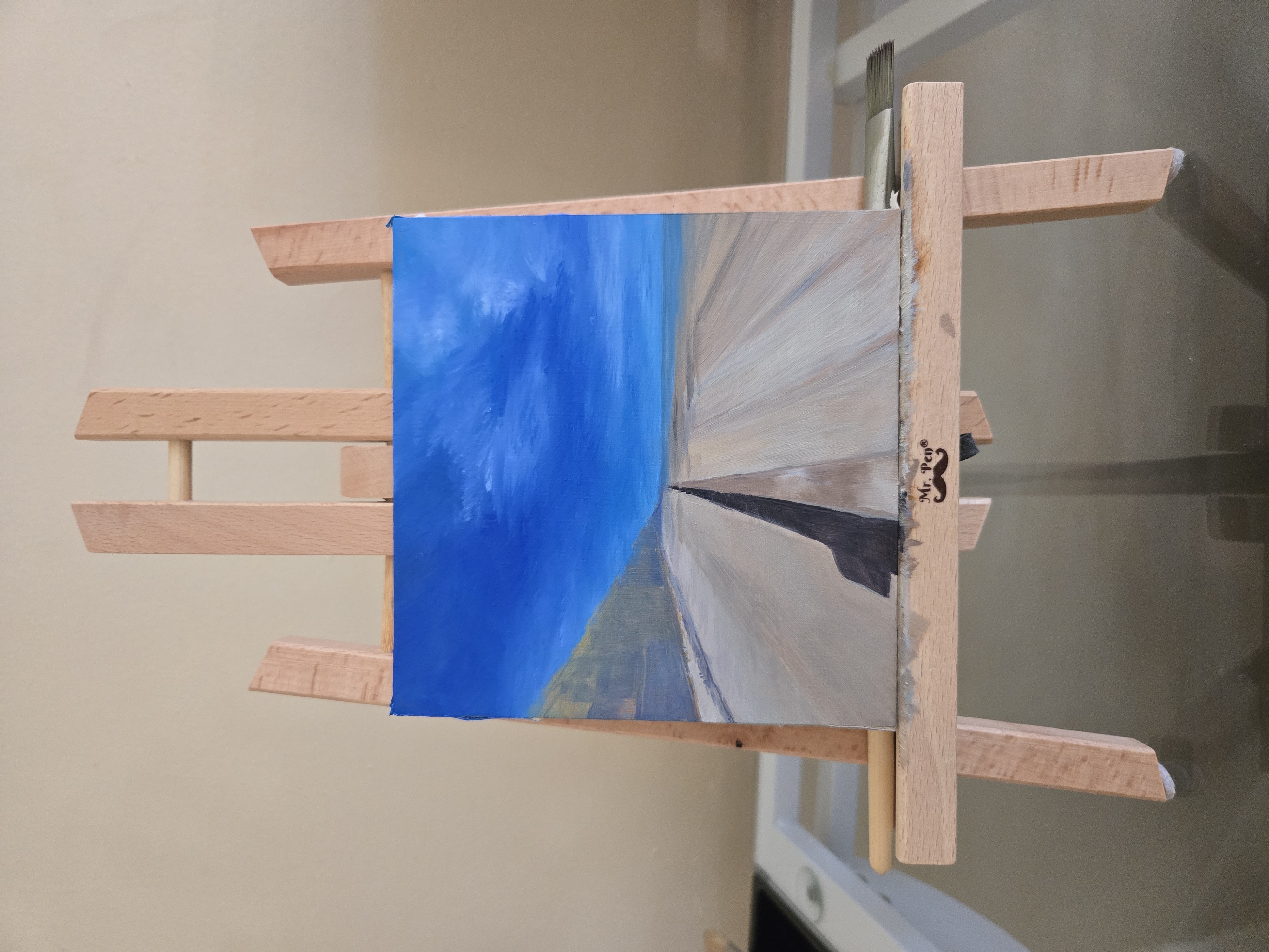 in progress photo of a boardwalk coastal painting