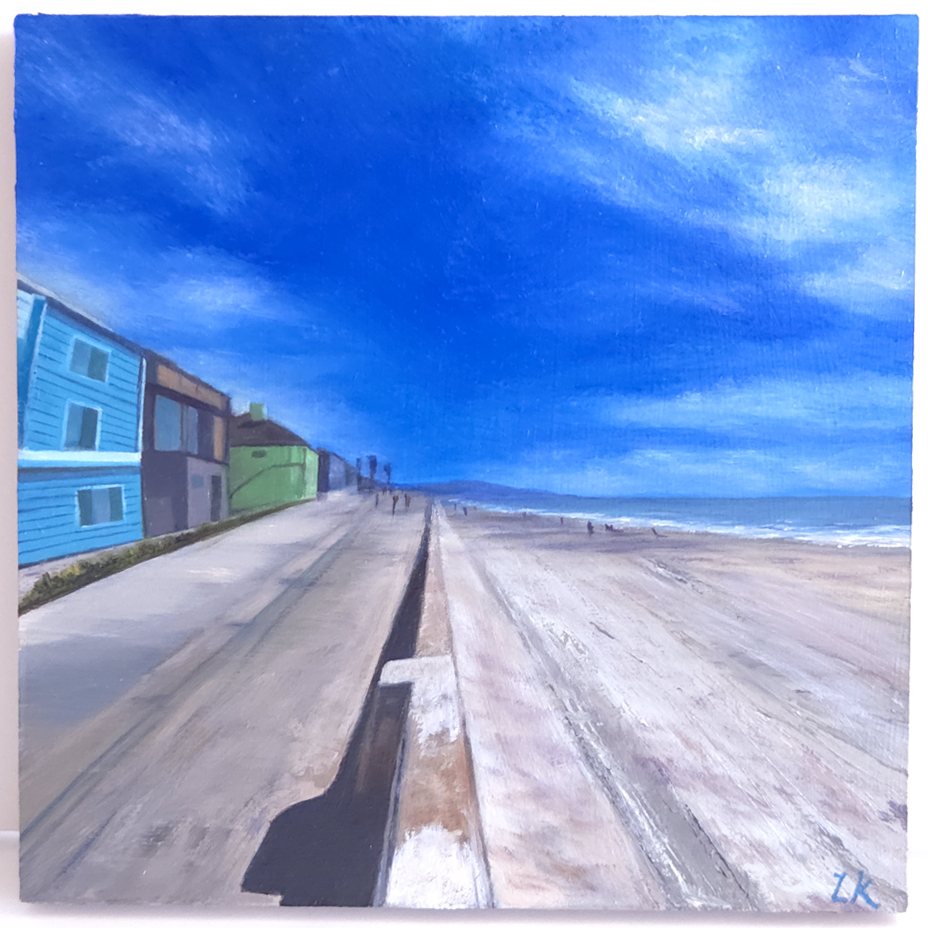 sandy boardwalk painting featuring vivid blue sky and colorful buildings - mission beach, san diego