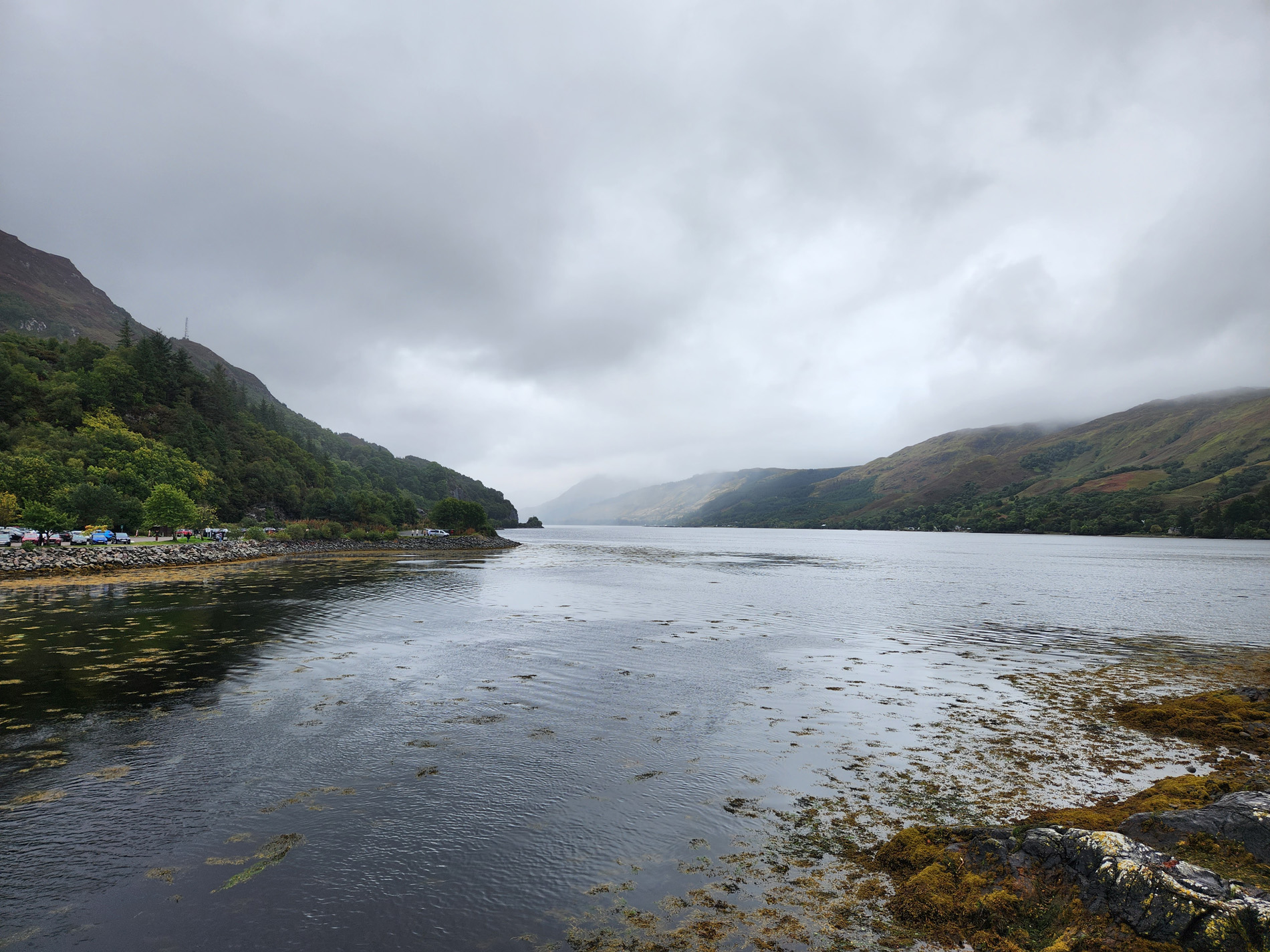 View of Loch Duich from the bridge approaching Eilean Donan Castle, Scottish Highlands.