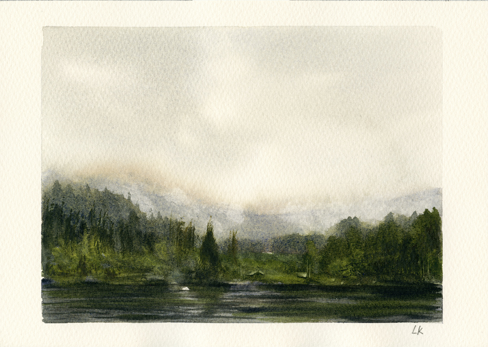 Original watercolor painting of Skomakerdiket, a lake on Mount Fløyen, Bergen, Norway.