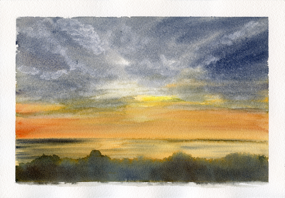 original watercolor painting of a sunset over the ocean in Del Mar, San Diego, California.
