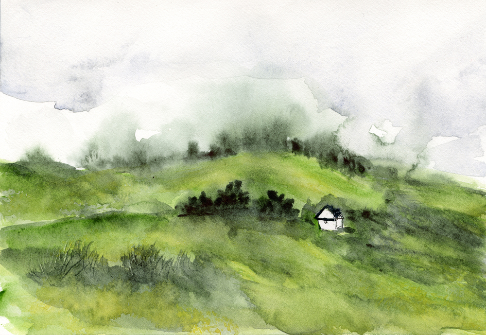 Original watercolor painting of a small white cottage in the rolling green hills of the Scottish Borders.